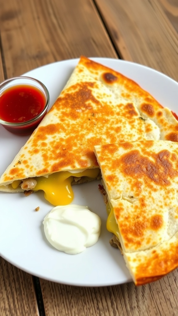 A crispy cheese quesadilla cut into wedges, served with salsa and sour cream on a wooden table.